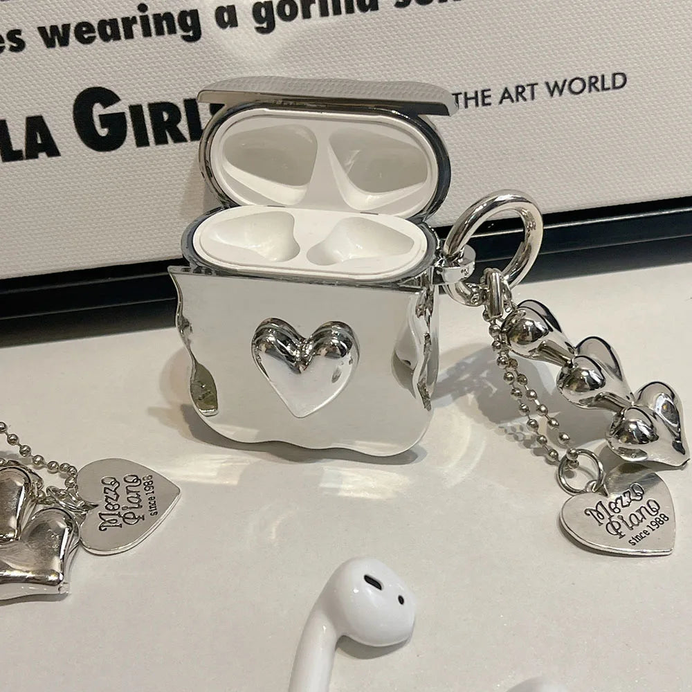 Cute Silver Heart Airpod Case